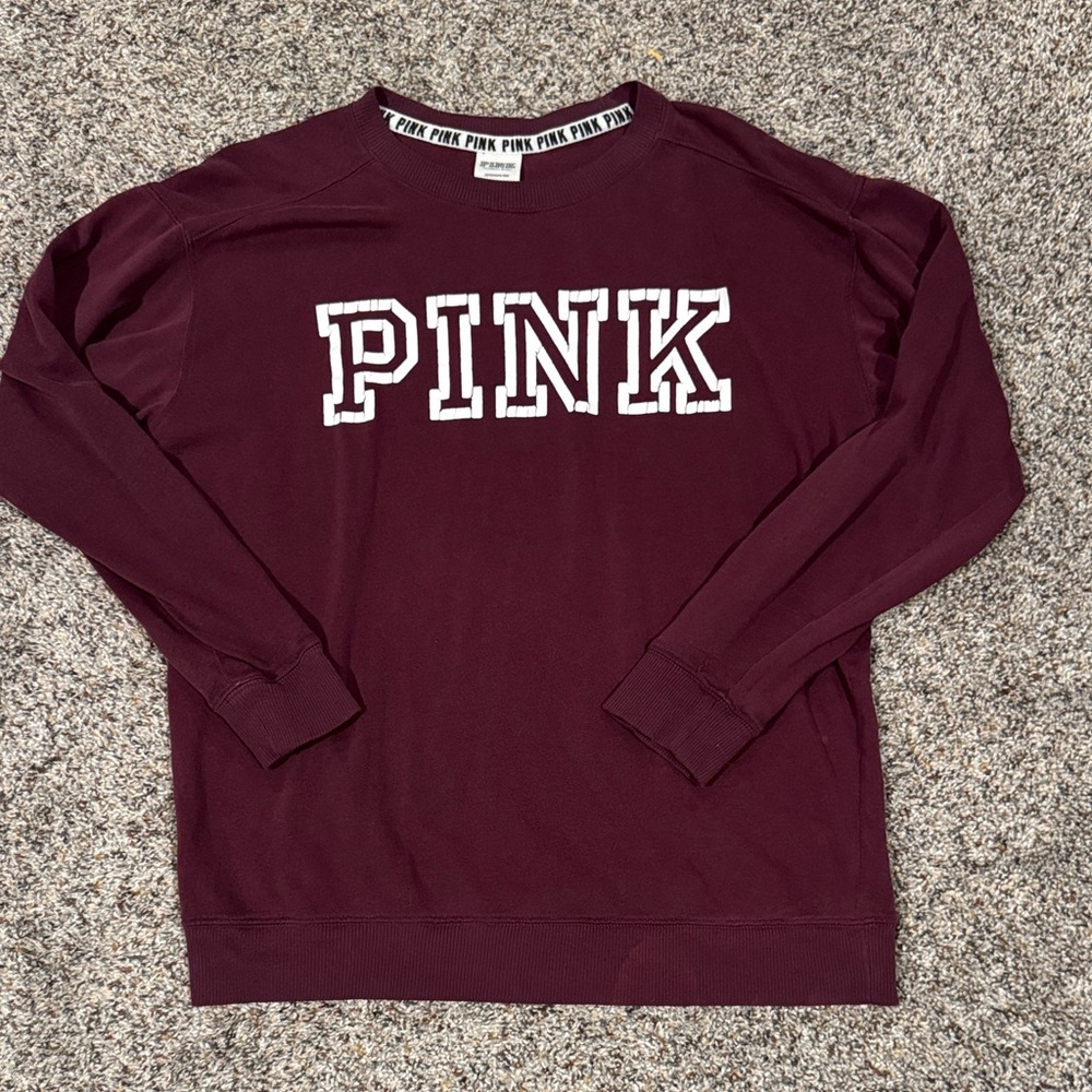 PINK Victoria's Secret Women’s Crewneck Sweatshirt - Maroon with White Logo